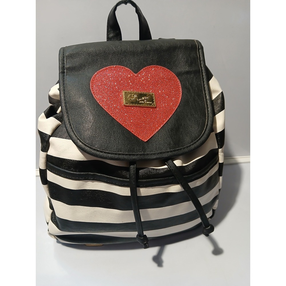 Betsey Johnson Black White Stripe Heart Glitter Mini Backpack‎ Purse